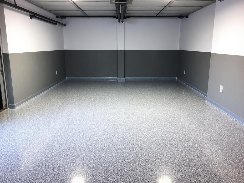 Sol de garage rénové avec une résine époxy à flakes gris