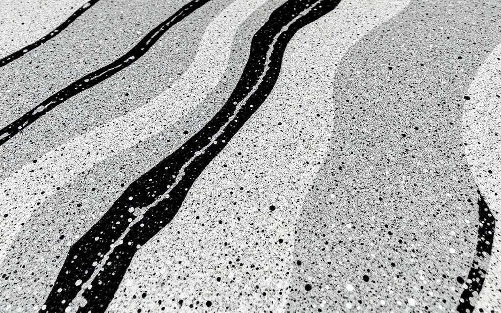 Détail d'une résine époxy avec flakes décoratifs gris, noir et blanc