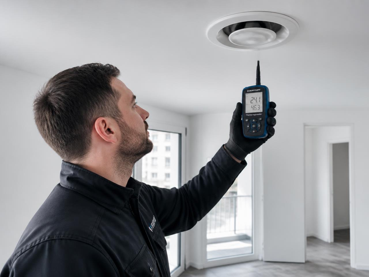 Technicien GIC mesurant le taux d'humidité de l'air dans une pièce d'un logement